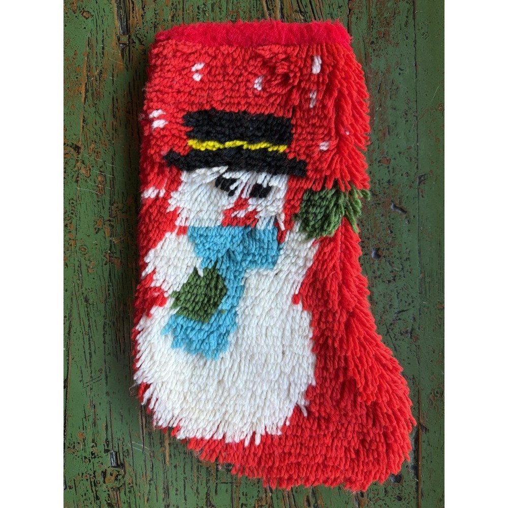Vintage Latch Hook Snowman‎ Stocking 16" Christmas Holiday